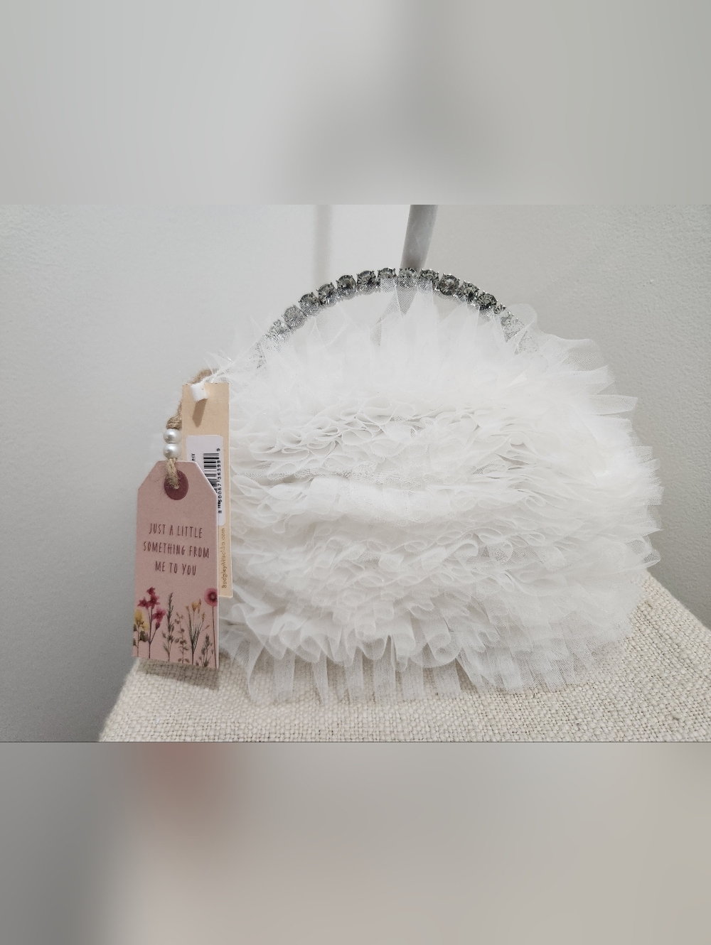 Badgley Mischka White Ruffle Tulle Clutch with Rhinestone Handle